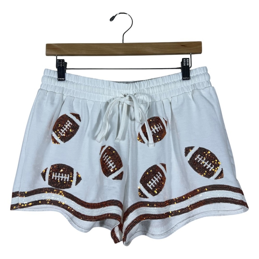 NWT Mary Square Football Sequin Graphic Knit Shorts White Game Day Sporty Size M
